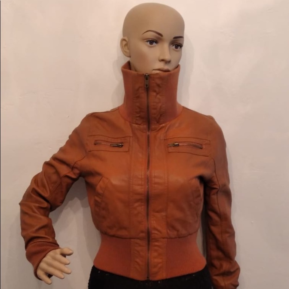 Ladies faux leather rust zip jacket Small